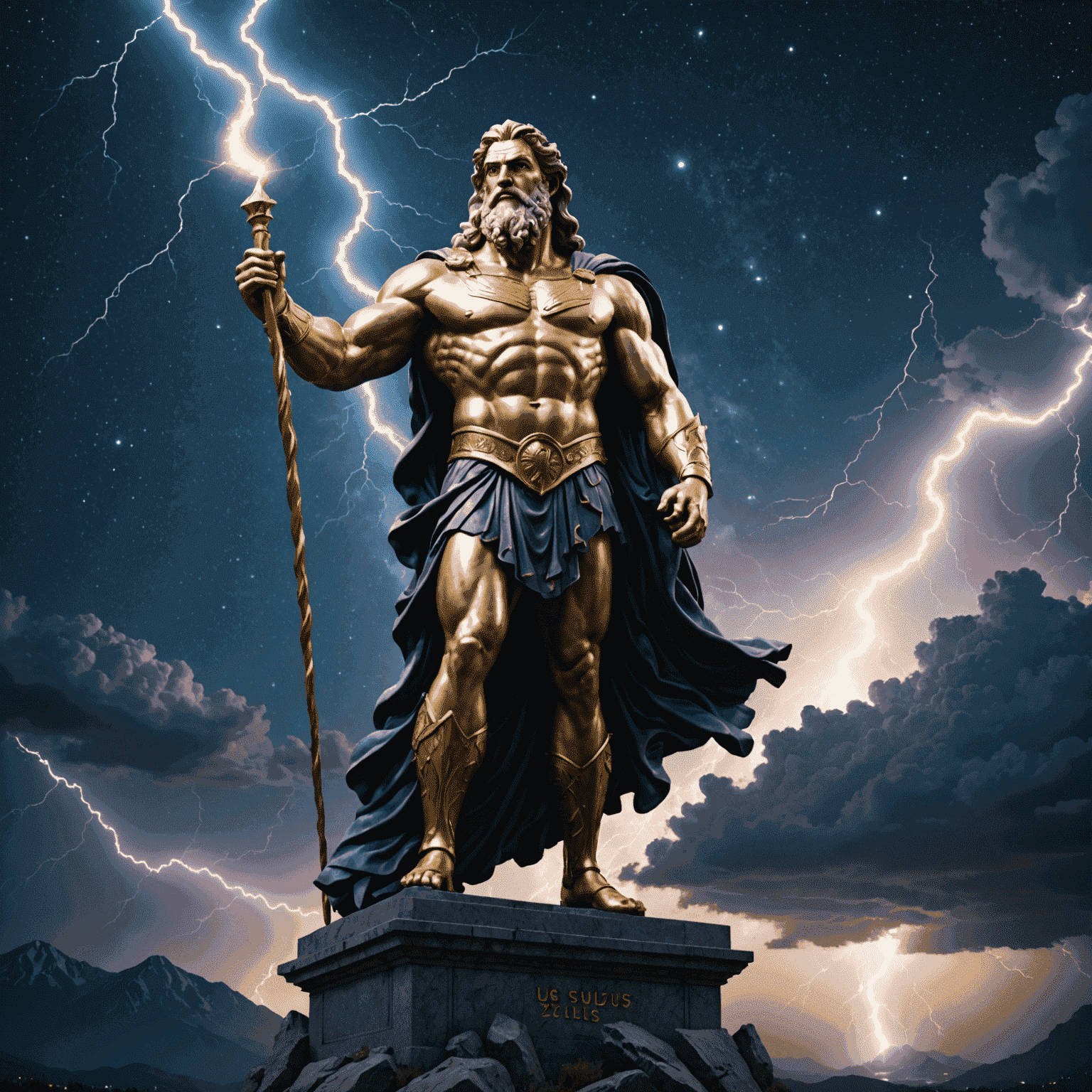 3D render of Zeus statue holding a lightning bolt, with a starry background representing the night sky and Mount Olympus