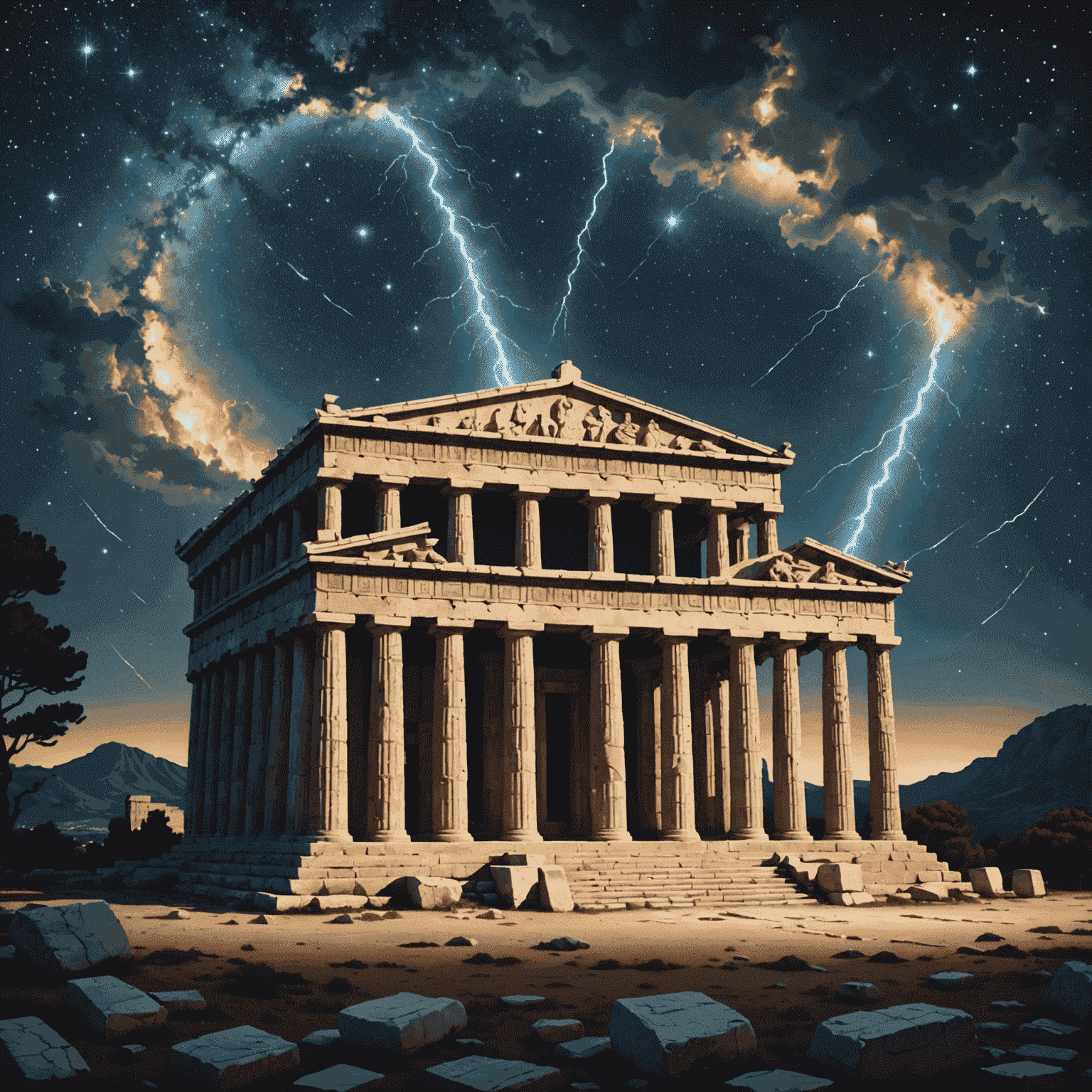 Ancient Greek temple with Olympian gods gathered around, Zeus at the center holding a thunderbolt, surrounded by a starry night sky