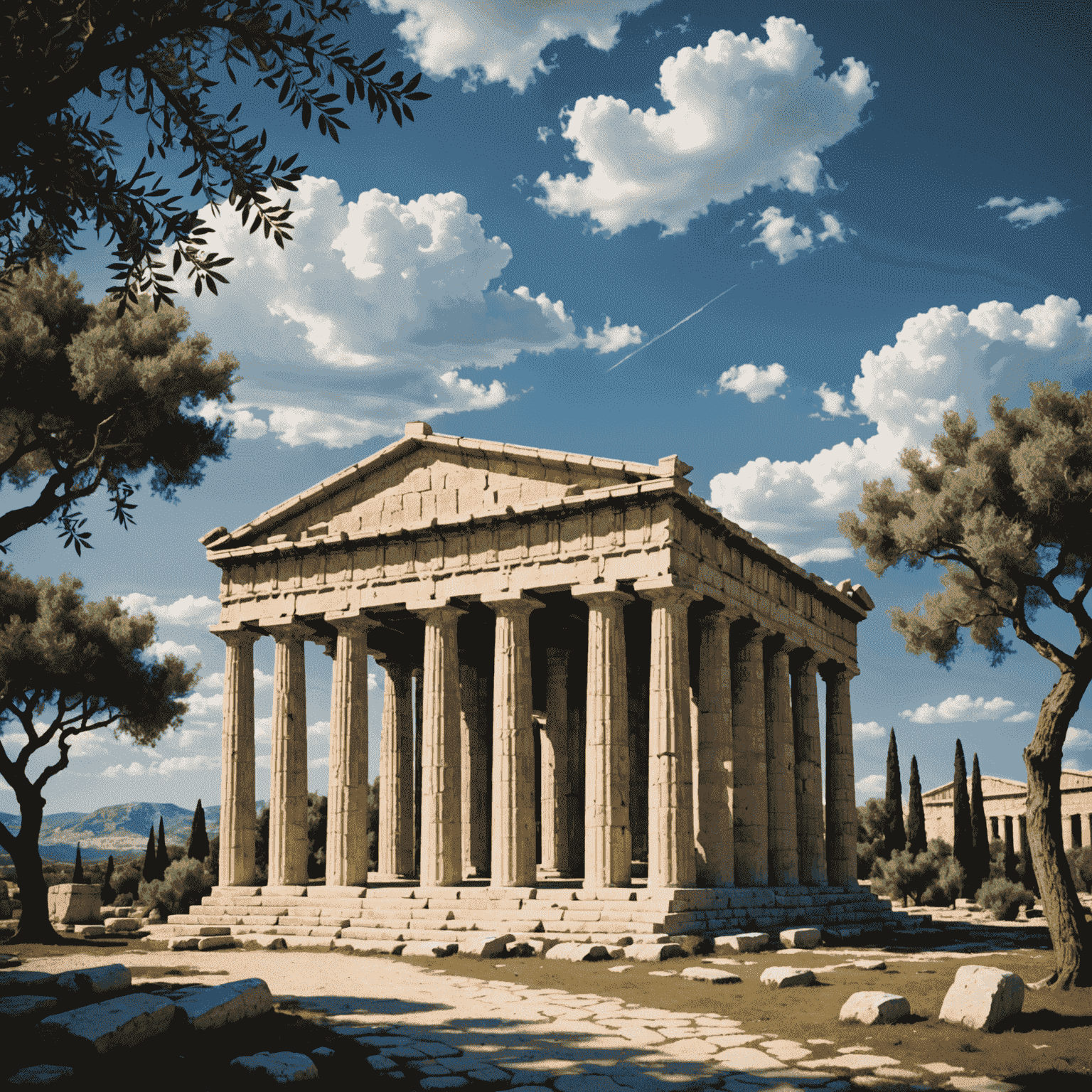 An ancient Greek temple with Doric columns, surrounded by olive trees. The sky is a deep blue with wispy clouds, suggesting the realm of Zeus.