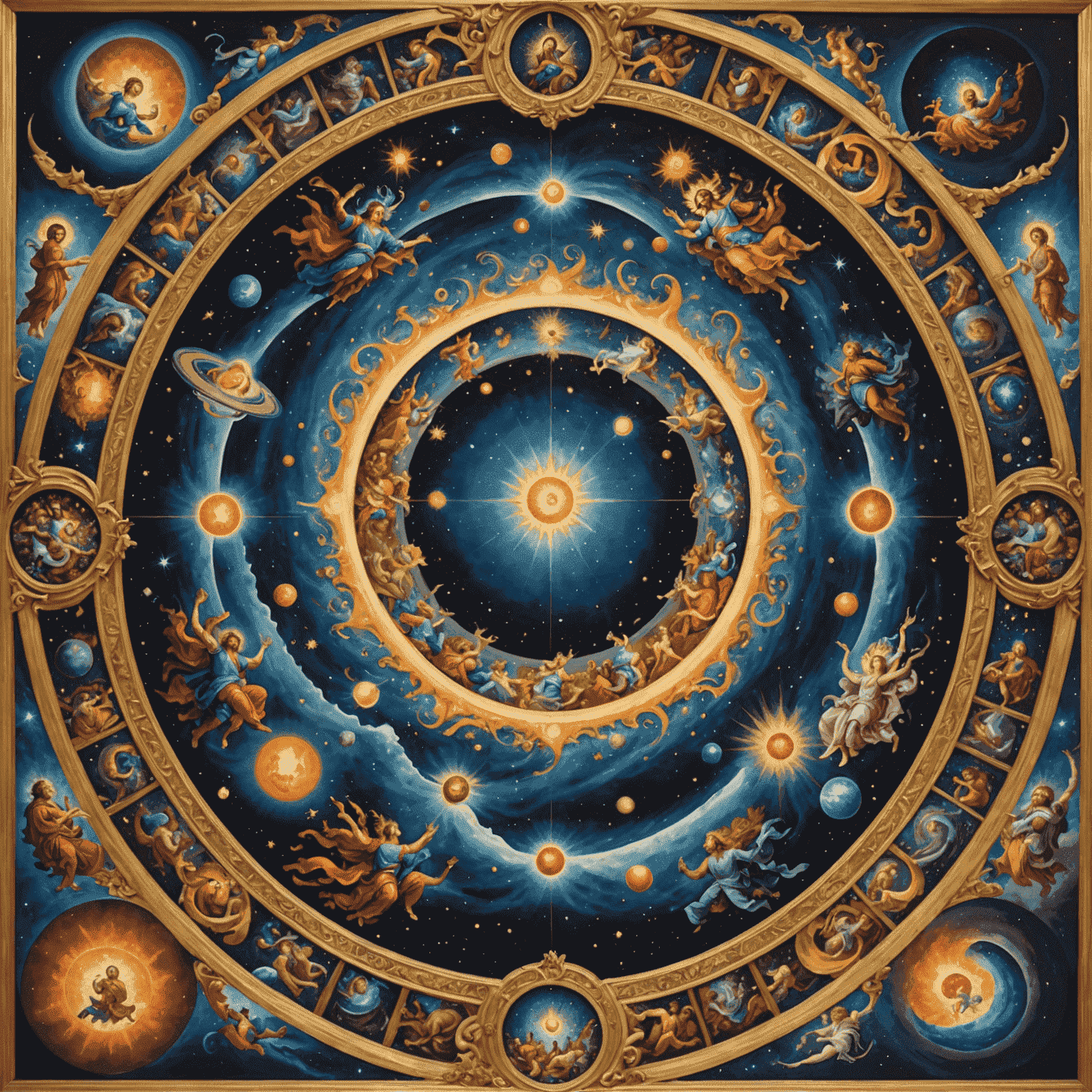 A grand mural depicting the creation of the cosmos, with Chaos at the center surrounded by emerging primordial deities. The image shows swirling cosmic energies and the birth of the first gods.