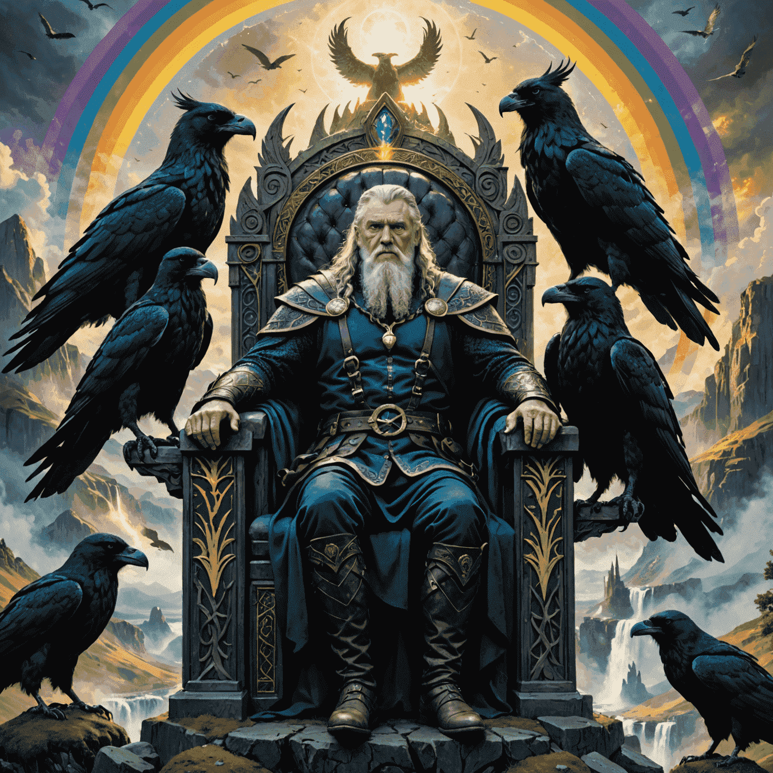 A dramatic scene depicting Odin, the Allfather, sitting on his throne in Asgard, flanked by his ravens Huginn and Muninn. The background shows the rainbow bridge Bifrost connecting to the world tree Yggdrasil.