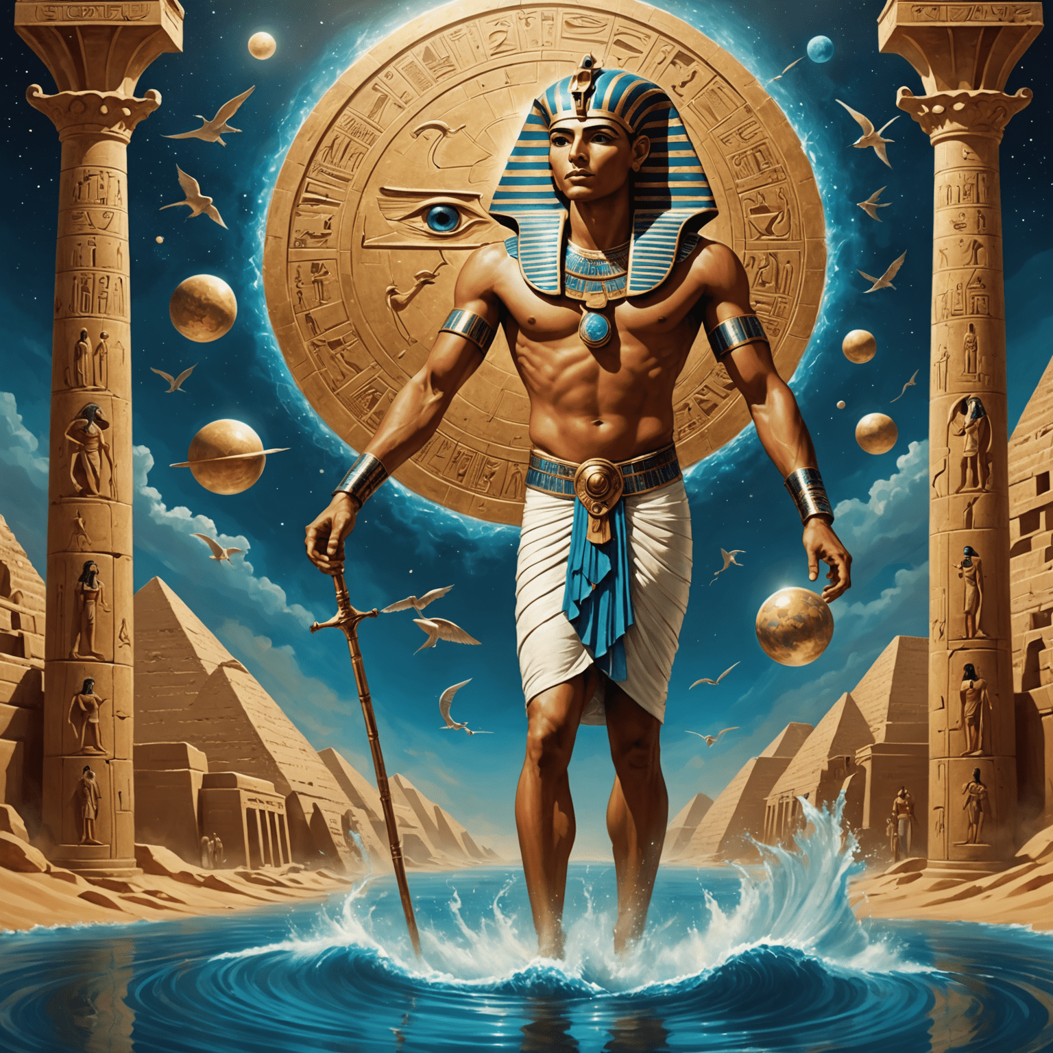 An artistic representation of the Egyptian creation myth, showing Atum rising from the waters of Nun, surrounded by the primordial elements of air, moisture, earth, and sky. The image should have a mystical quality with swirling cosmic energies and hieroglyphic symbols.