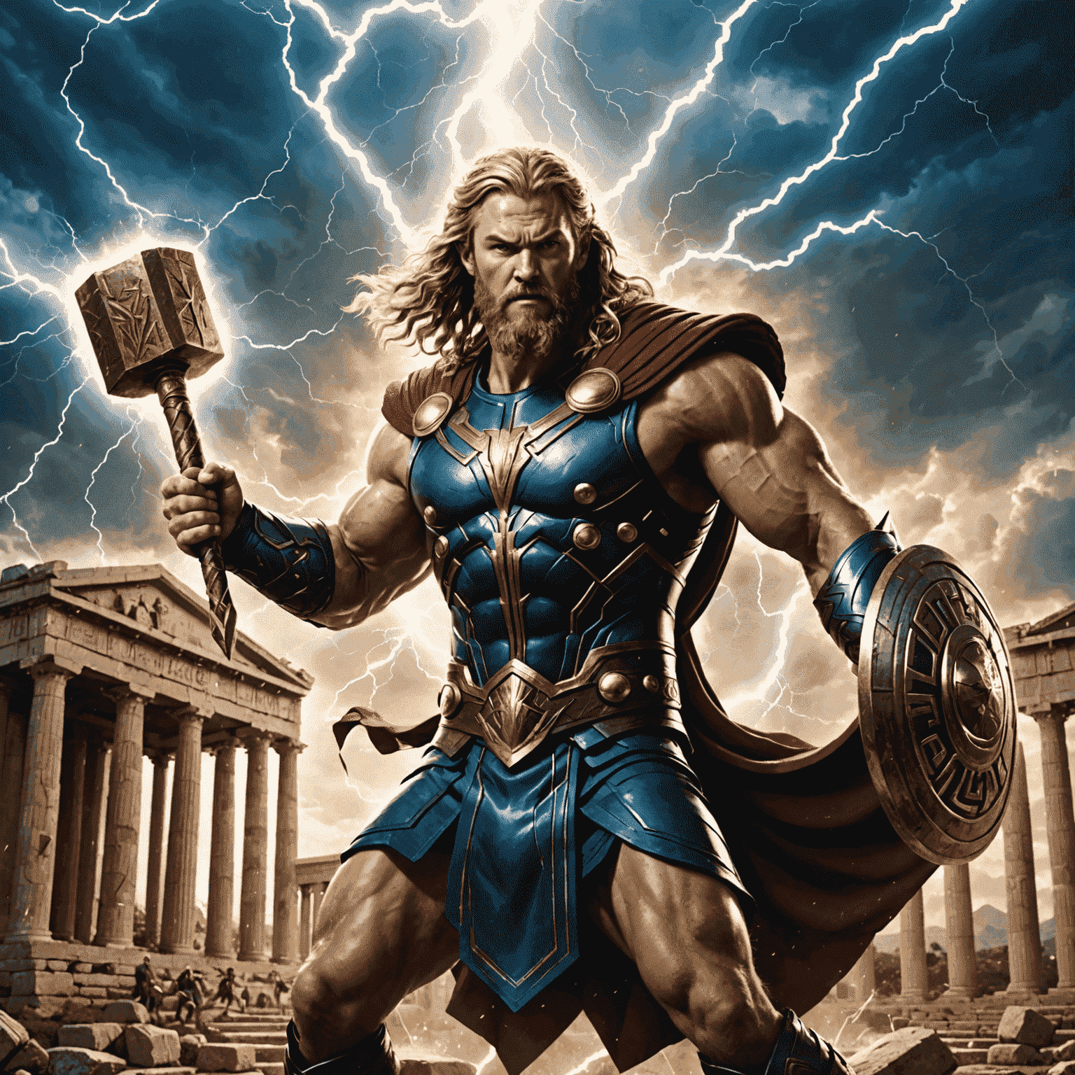 A split image showing Zeus on the left, holding a lightning bolt, with a Greek temple in the background, and Thor on the right, wielding Mjolnir, with Asgard in the background