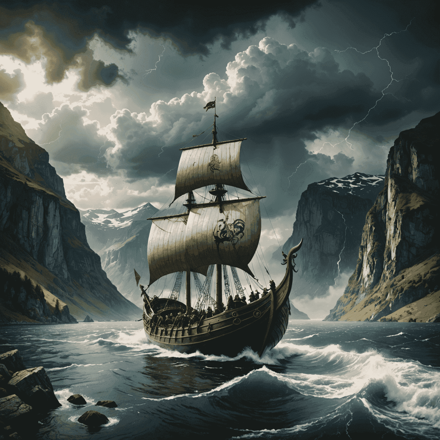 Viking longship sailing through a fjord with Norse gods Odin and Thor overlooking from storm clouds