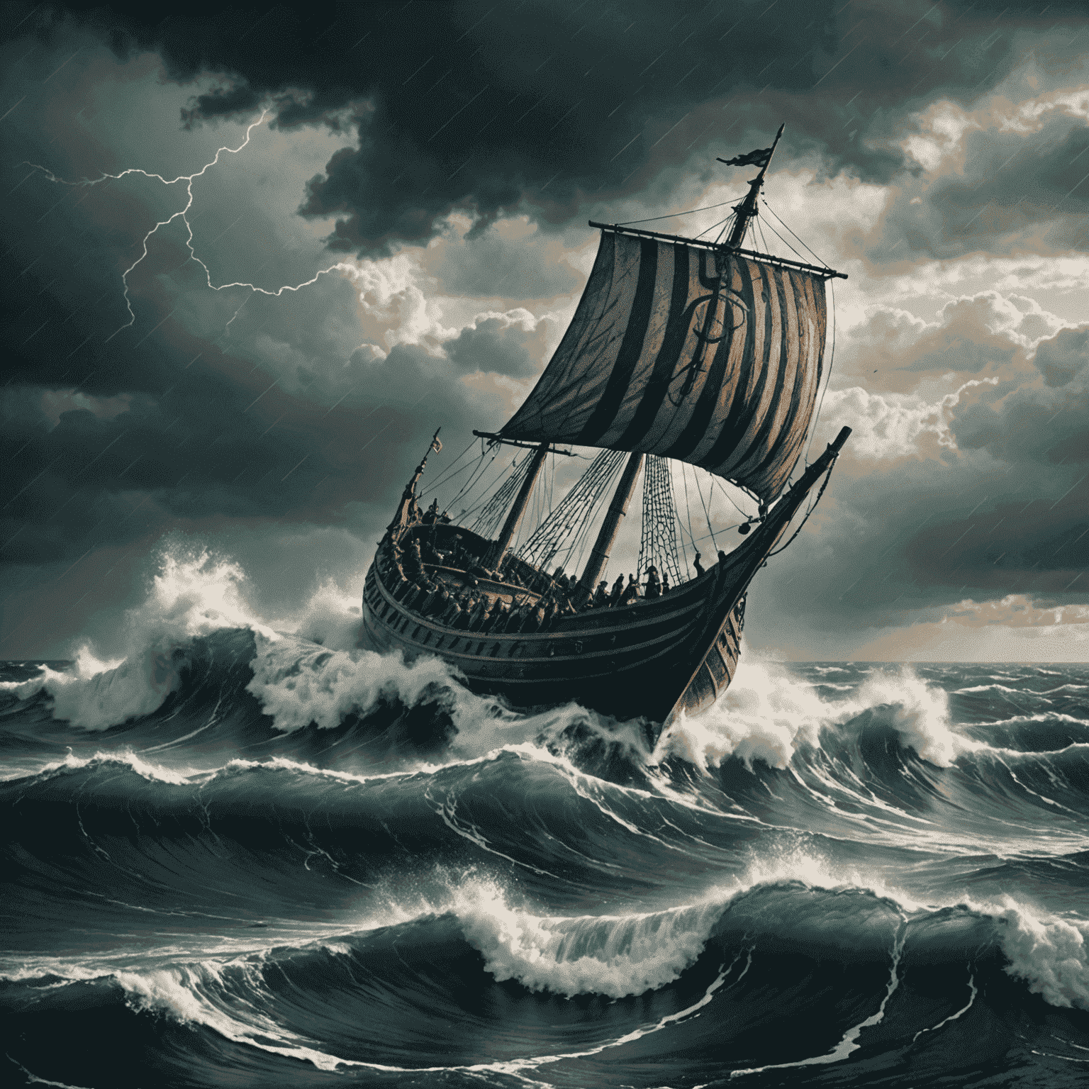 A dramatic scene of a Viking longship sailing through stormy seas, with Thor's hammer Mjolnir visible in the storm clouds above.