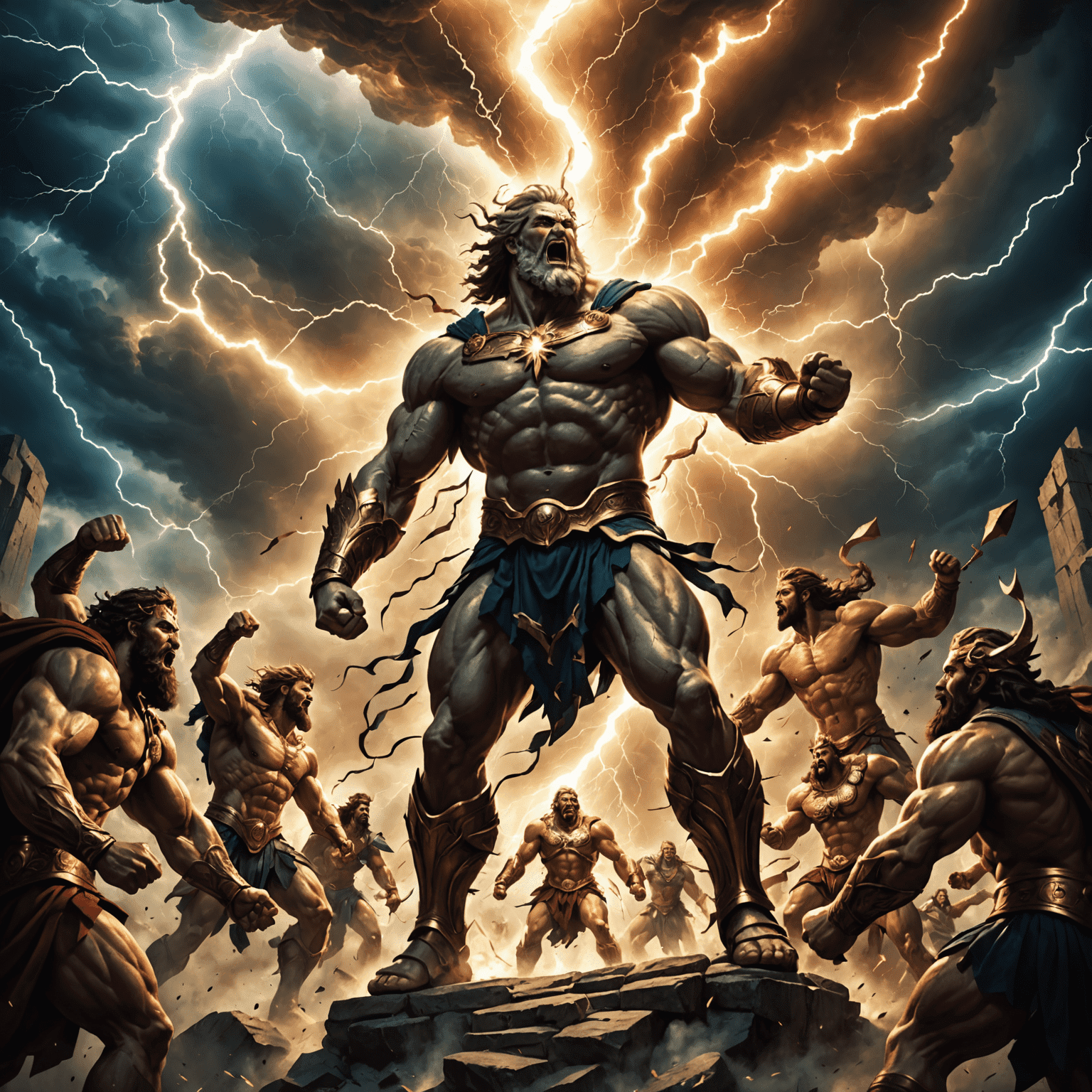 A dramatic scene showing the Titan Cronus being overthrown by Zeus and the Olympian gods. The image depicts a celestial battle with lightning bolts and cosmic energies clashing.