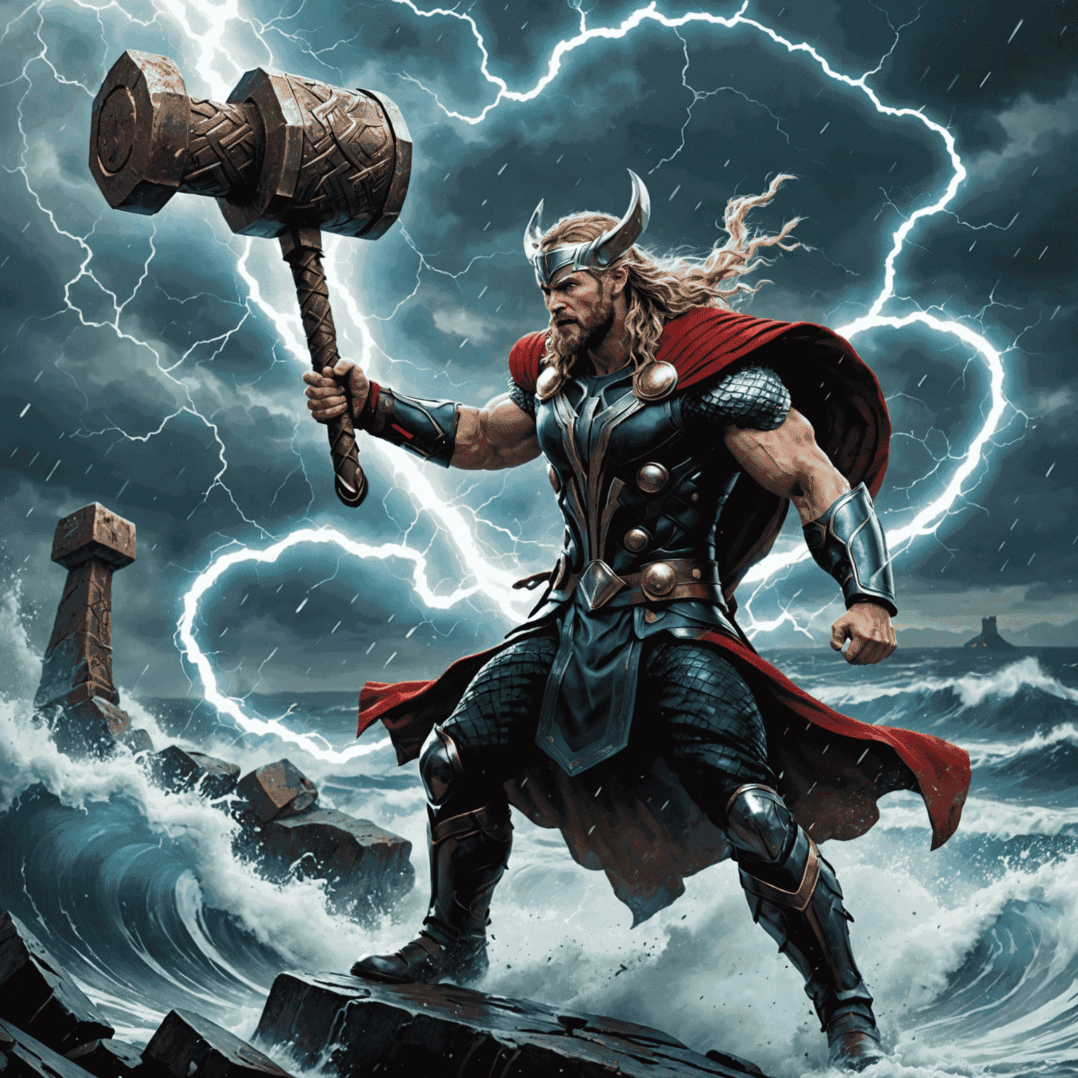 A stylized illustration of Thor wielding his hammer Mjolnir against the Midgard Serpent during Ragnarök. Lightning crackles around Thor as waves crash in the background.