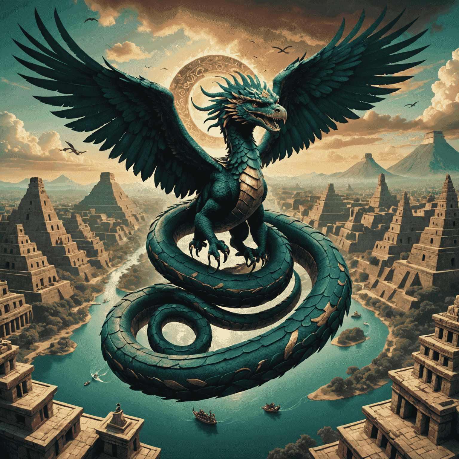 A composite image showing the Midgard Serpent encircling the Earth, juxtaposed with Quetzalcoatl in his feathered serpent form flying through an ancient Mesoamerican city