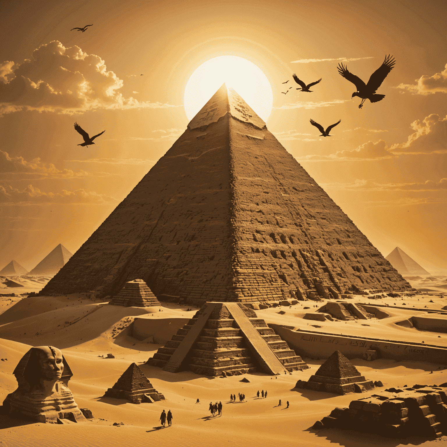 Egyptian pyramids and sphinx under a golden sun, with hieroglyphs and ancient Egyptian gods floating in the sky