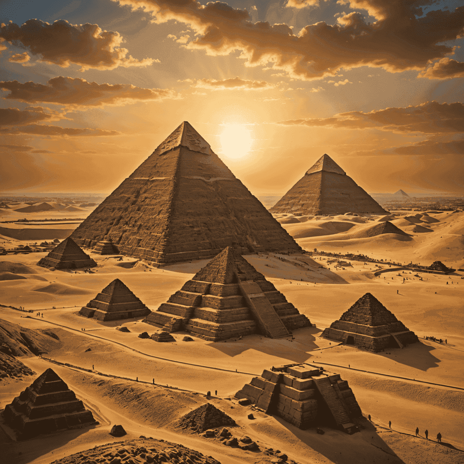 The Great Pyramids of Giza at sunset, with the Sphinx in the foreground and hieroglyphics floating in the sky, representing the rich tapestry of Egyptian mythology.