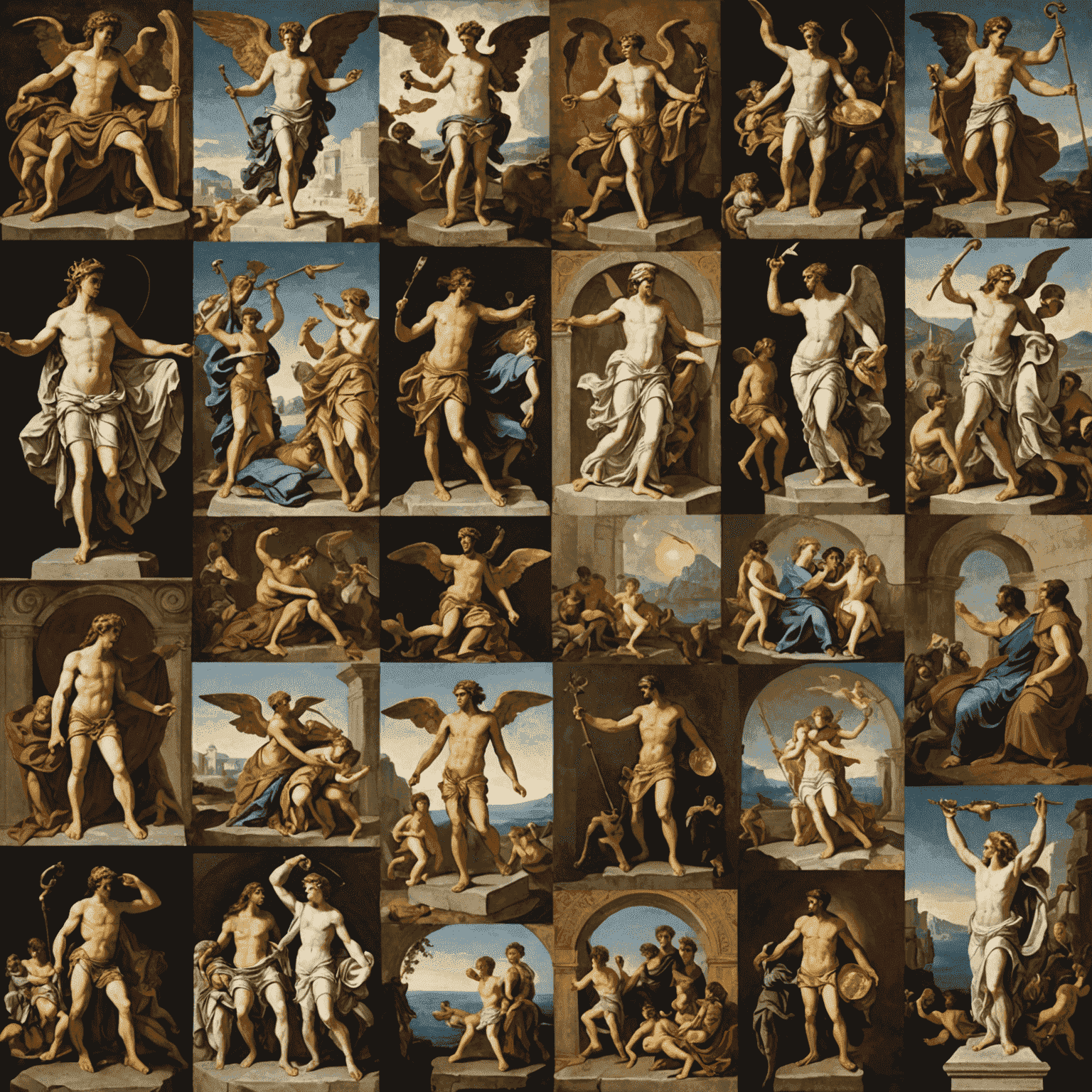 A collage showing the influence of Greek mythology on various art forms throughout history. The image includes snippets of famous paintings, sculptures, and literary works inspired by Greek myths.