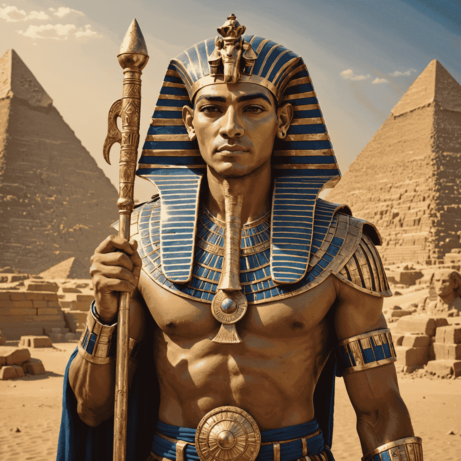 A majestic image of an Egyptian Pharaoh, adorned in royal regalia including the double crown of Upper and Lower Egypt, holding the crook and flail. The background should showcase the Great Pyramids of Giza and the Sphinx, symbolizing the Pharaoh's divine power and legacy.