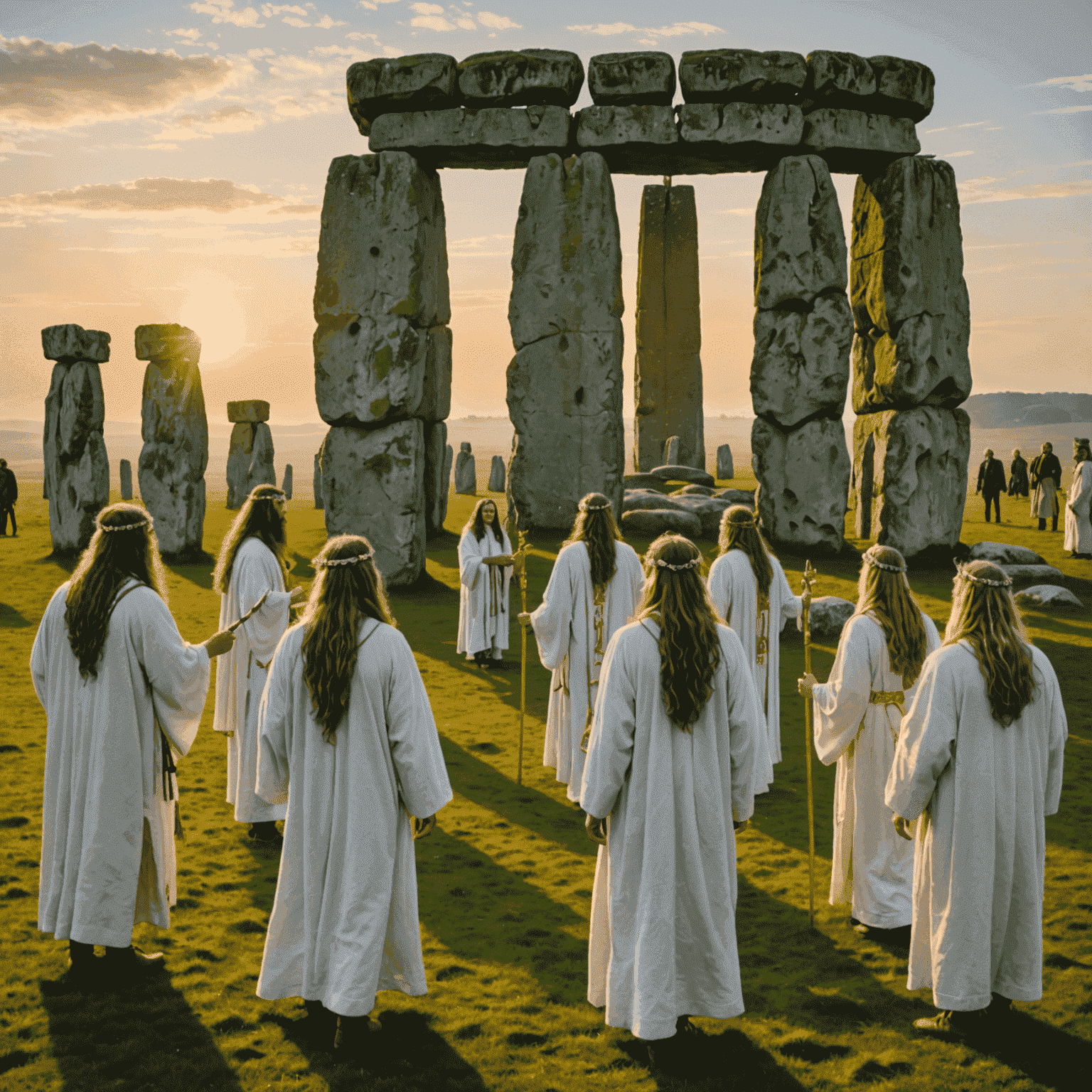 A group of druids performing a ritual at Stonehenge during sunrise. They wear white robes adorned with gold symbols, and carry staffs topped with crystals. A magical aura surrounds them as they chant ancient incantations.