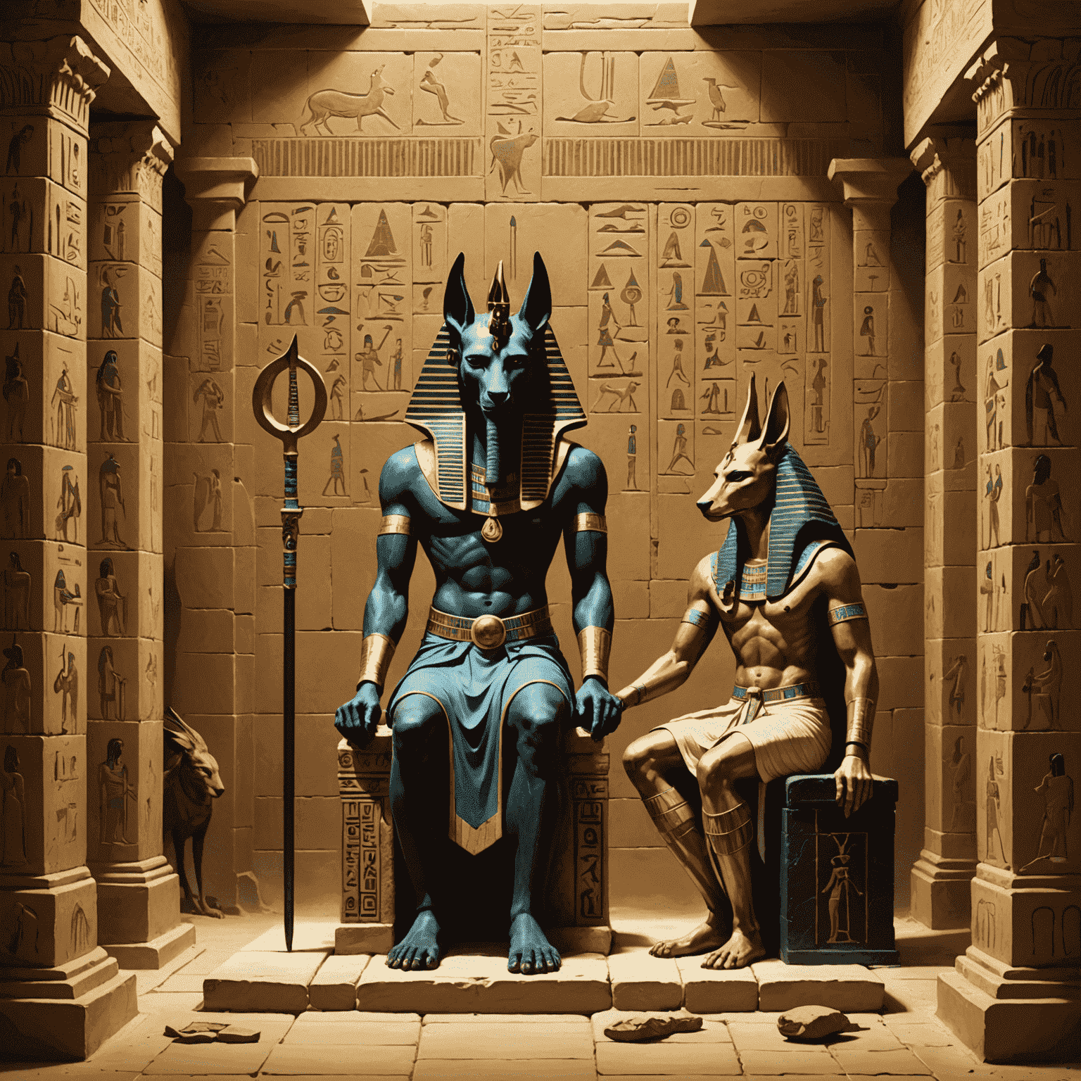 A split scene depicting Anubis weighing a soul against the feather of Ma'at in an Egyptian tomb on one side, and Yama sitting in judgment in his celestial court on the other