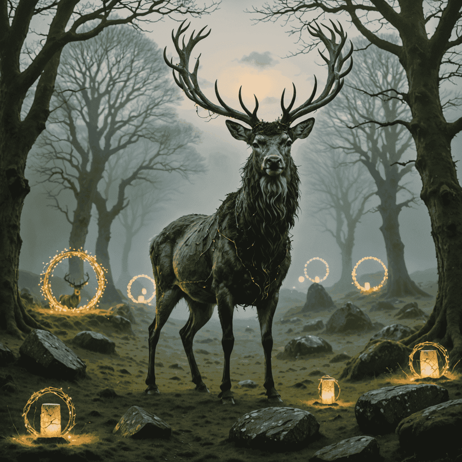 A misty Irish landscape with ancient stone circles, fairy lights dancing in the air, and a majestic stag representing the Celtic god Cernunnos.