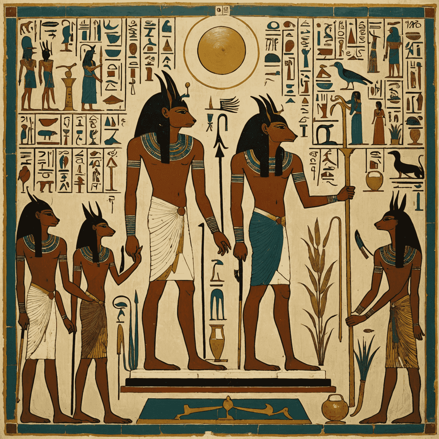 An intricate scene depicting the Egyptian concept of the afterlife. The image should show the weighing of the heart ceremony, with Anubis overseeing the scales, Thoth recording the results, and Ammit waiting nearby. The background should include hieroglyphs from the Book of the Dead and representations of the Field of Reeds.