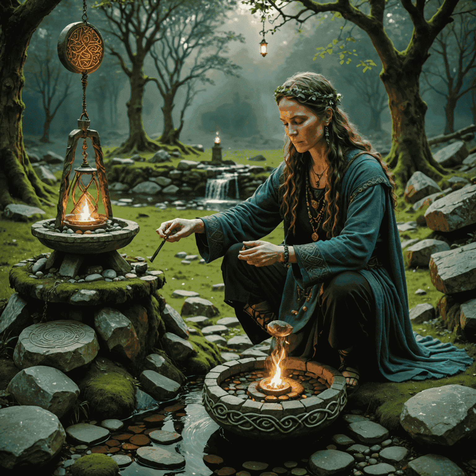 A Celtic shaman performing a magical ritual by a sacred well. She is surrounded by carved stones with Ogham inscriptions, and various magical items like herbs, crystals, and a cauldron. Ethereal lights dance around her as she casts a spell.