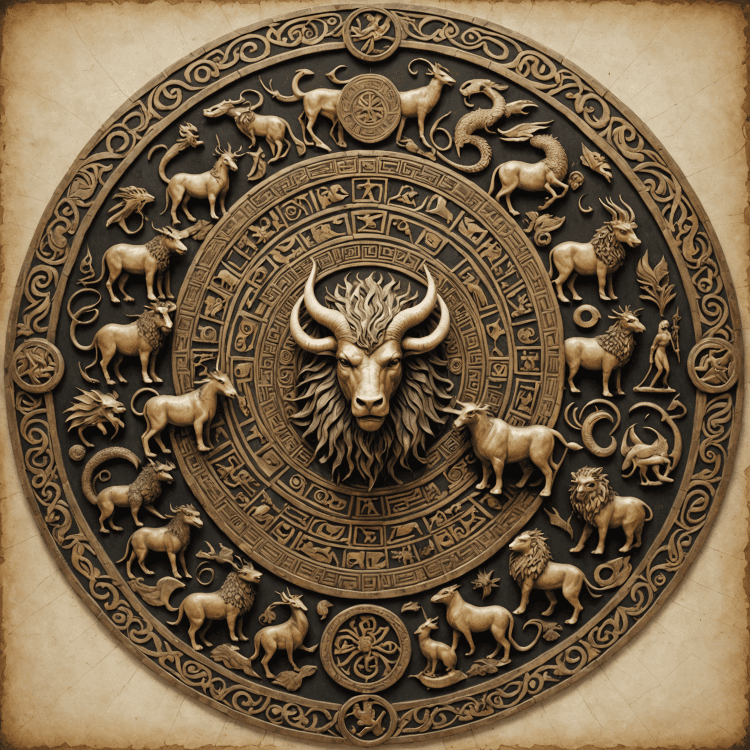 A collage of mythical creatures from various cultures, including a Greek minotaur, Norse dragon, Egyptian sphinx, and Celtic selkie, arranged in a circular pattern.