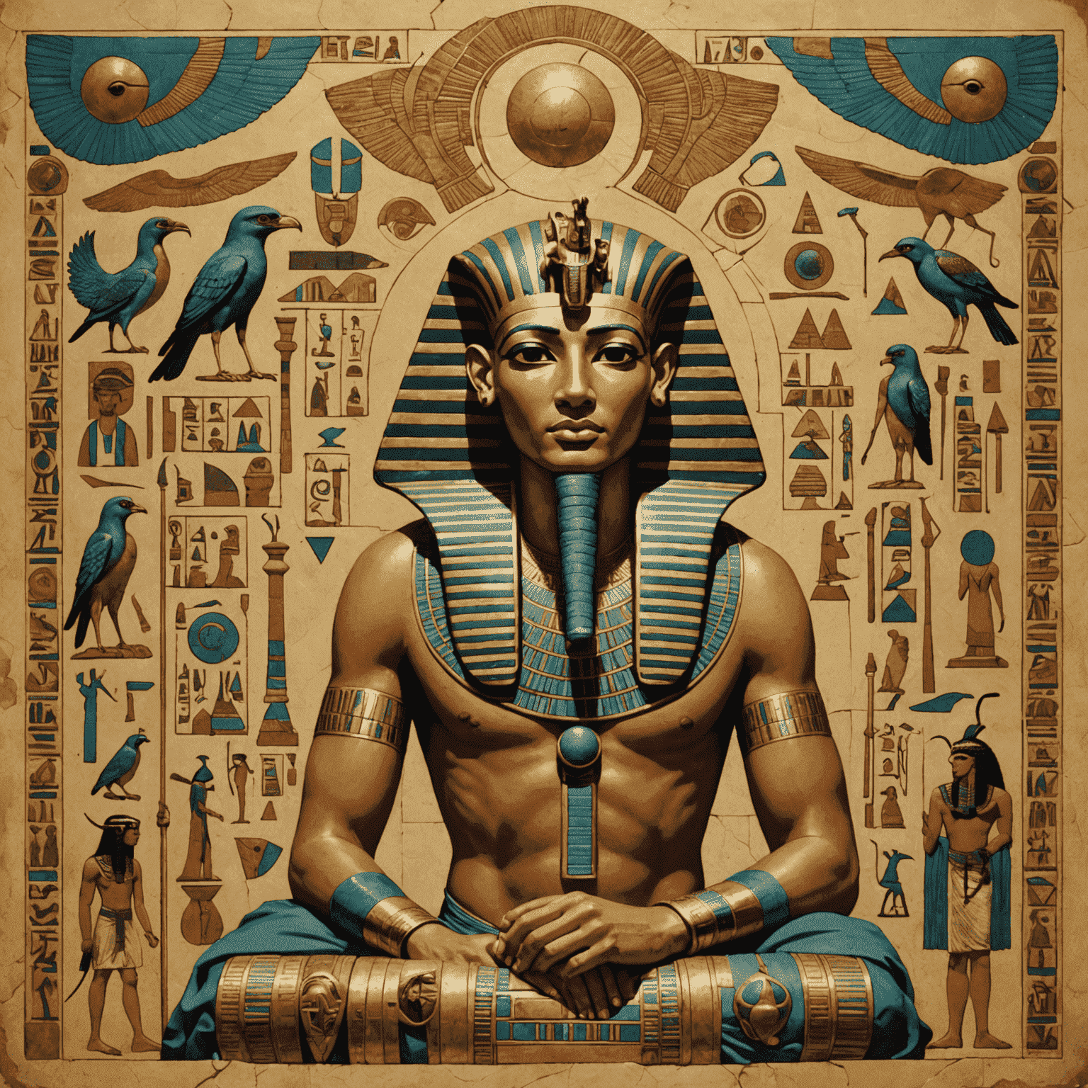 A collage showcasing the influence of Egyptian mythology in modern culture. The image should include ancient Egyptian artifacts in a museum setting, modern artwork inspired by Egyptian gods, and a scene from a contemporary film or video game featuring Egyptian mythological themes.